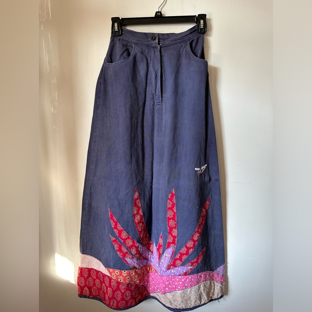Vintage Denim Midi Skirt with Patchwork and Embroidery Details